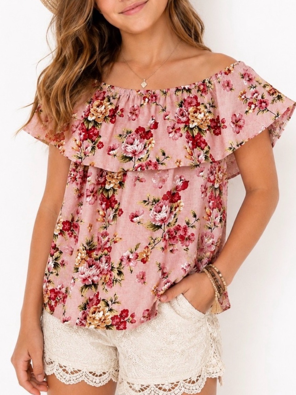 Girls Btween Off-the-Shoulder Ruffle Top Boho Cottagecore Size 10 Pink Floral